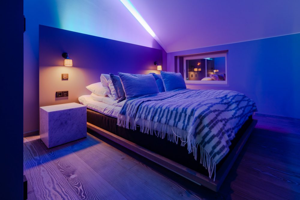 The lighting in the bedroom of the Revontuli suite, inspired by Northern Lights.